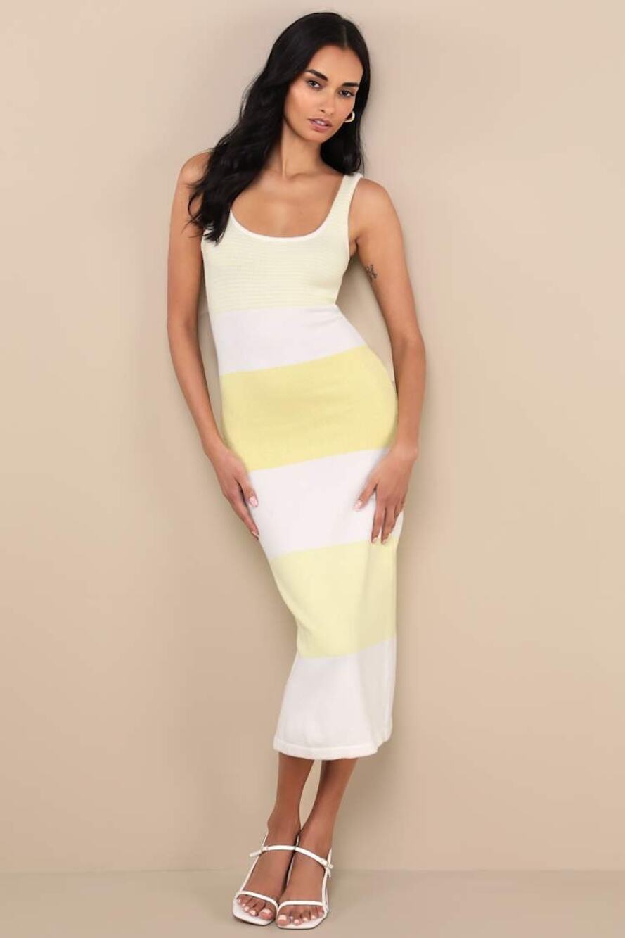 NWT Lulus Easily Gorgeous Ivory & Yellow Striped Midi Sweater Dress Casual Sz S